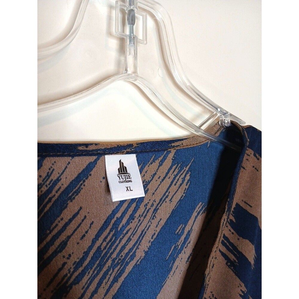 Women's Flowy Faux Wrap Dress V-Neck Long Sleeve Size XL Blue/Brown - Picture 8 of 9